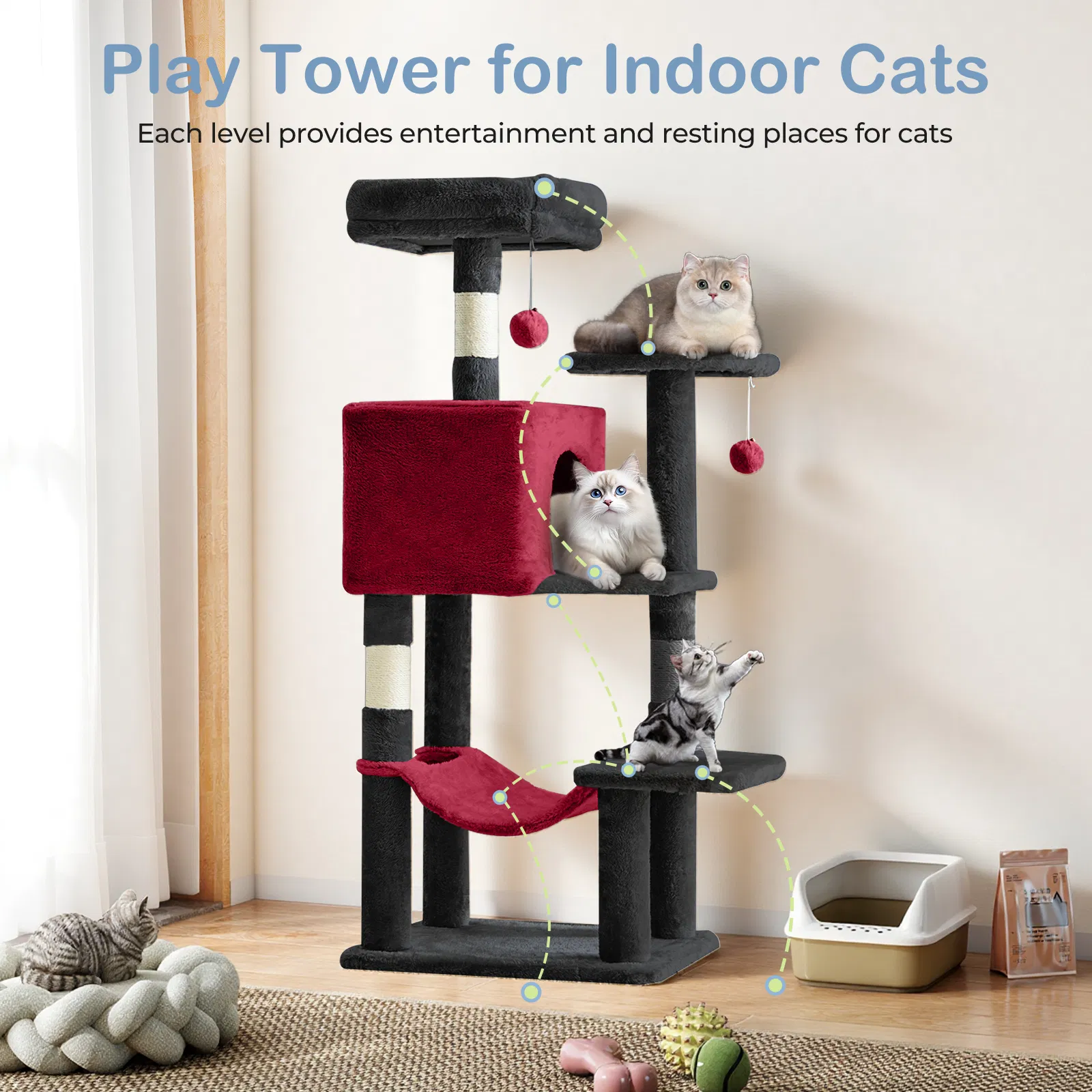 44 inch Cat Tree Tower, Multi-Cat Climbing Tower with, Natural Sisal Scratching Posts, Extended Platform, Hammock image 5