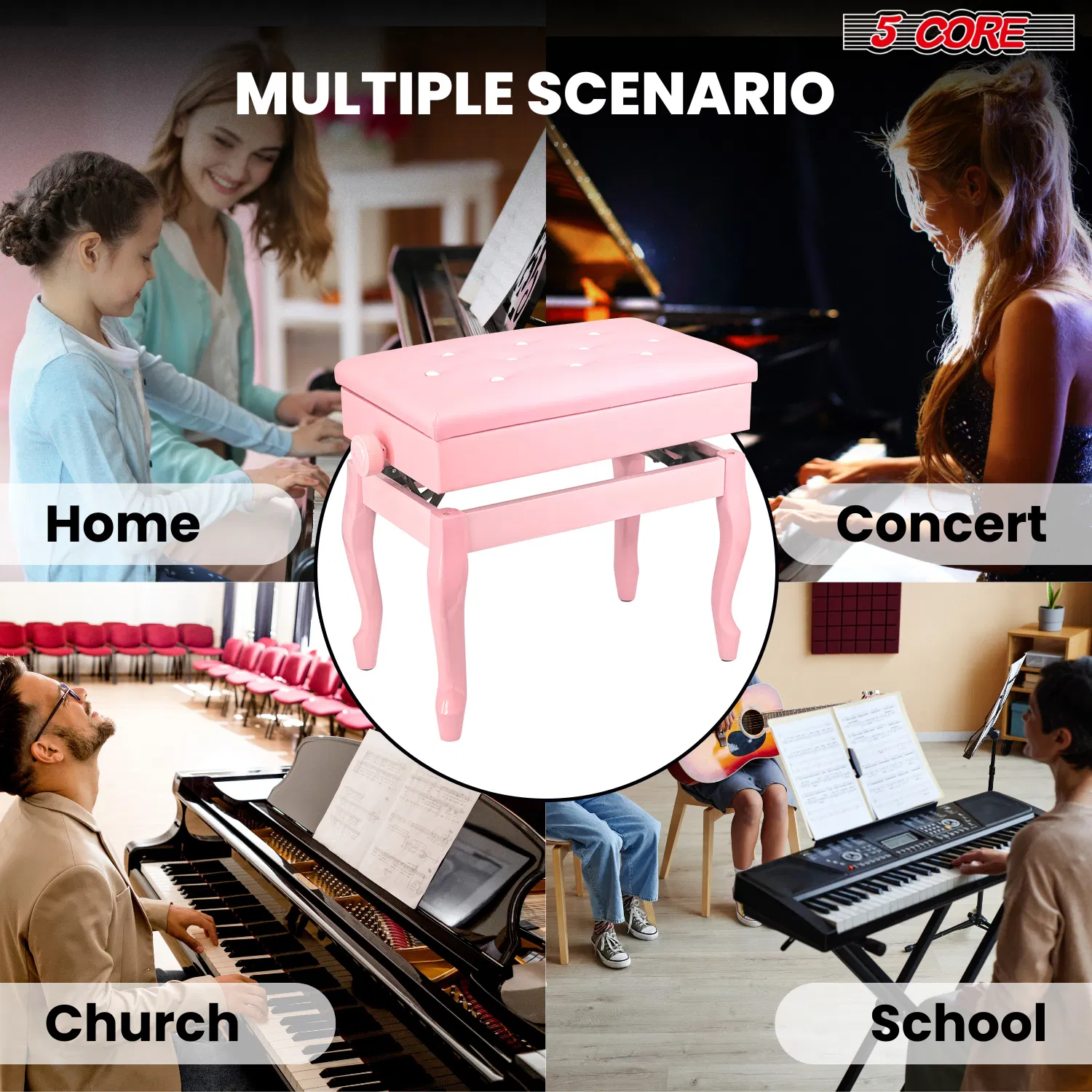 5 Core Piano Bench Wooden Height Adjustable Stool Heavy Duty Keyboard Seat with Storage image 12