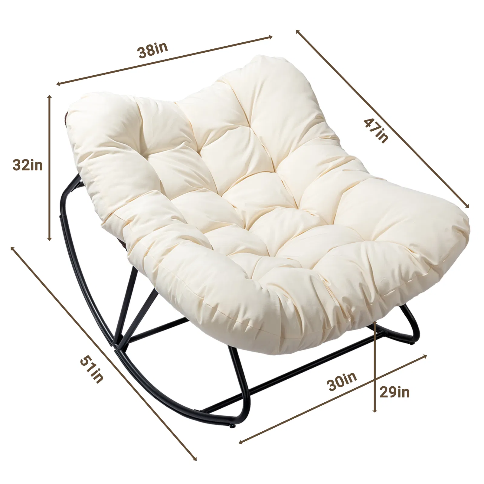 Oversized Rattan Papasan Chair, Outdoor Steel Wicker Rocking Seating with Thick Padded Cushion for Patio, Living Room, Backyard, Porch(Brown Wicker & Beige Cushion) image 5
