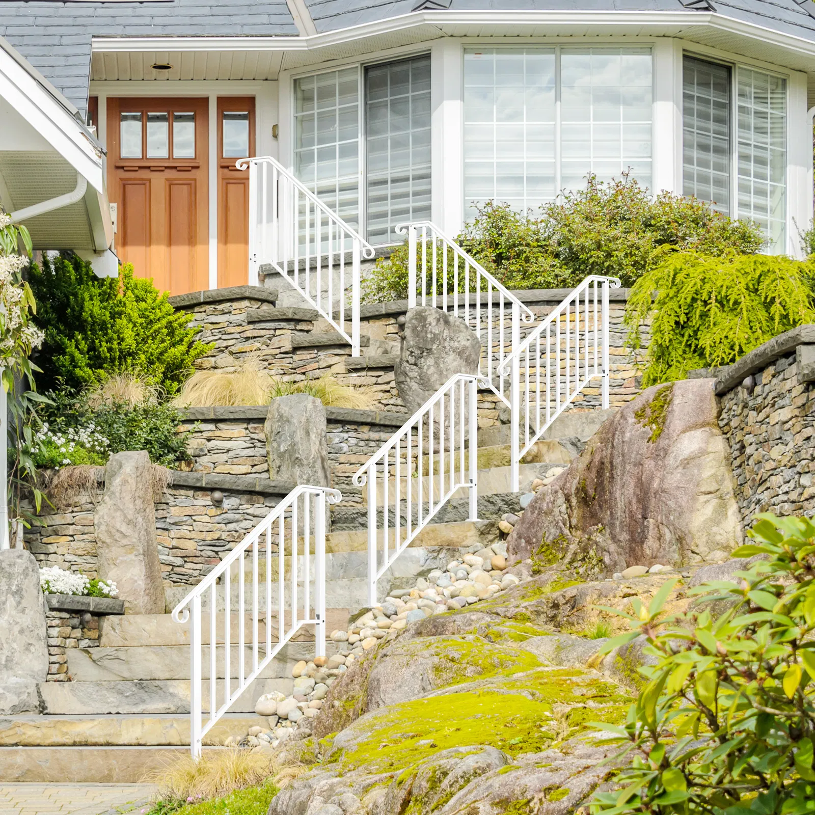 Handrails for Outdoor Steps, Iron Handrail Fits 3 Step, Transitional Handrail with Installation Kit, White image 10