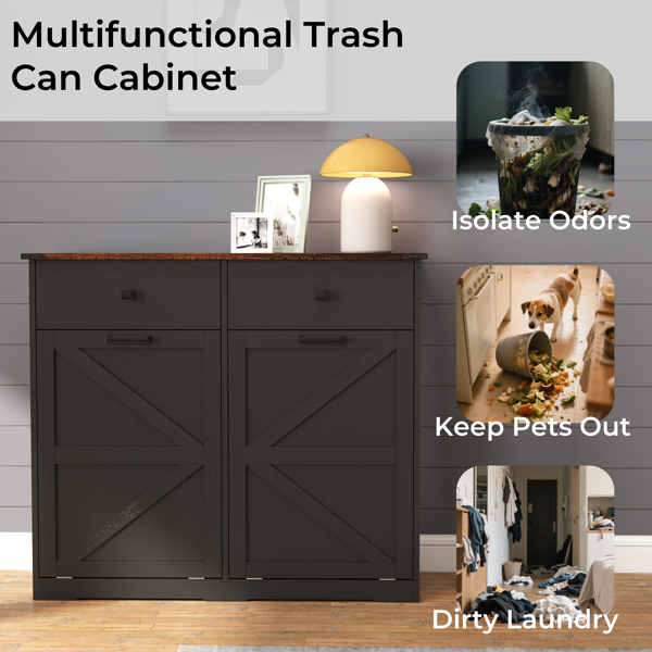 Farmhouse Black Double Tilt Out Trash Cabinet for 20 Gallon Trash Cans, Free Standing Recycling Cabinet with Hideaway Drawer, Barn Door Style Laundry Sorter Cabinet, Tilt Out Trash Cabinet for Kitchen-37