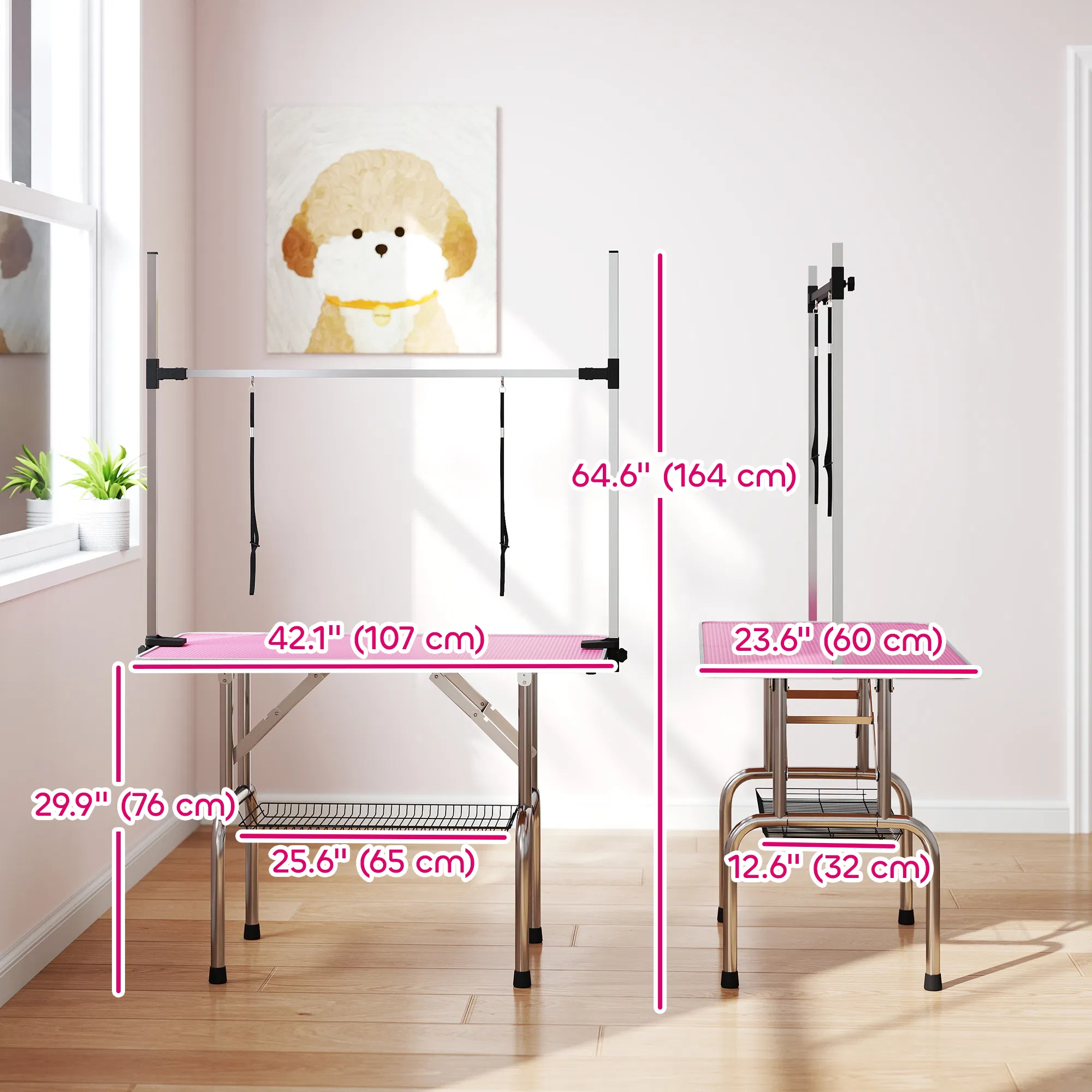 Adjustable Dog Grooming Table with 2 Safety Slings, Storage Basket, Pink — image 1