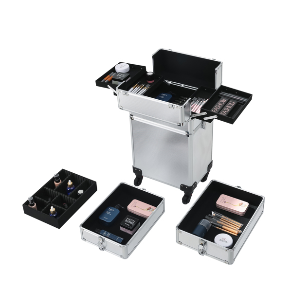 4-in-1 Draw-bar Style Interchangeable Aluminum Rolling Makeup Case Silver-31