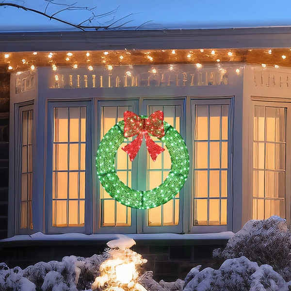 36in Pre-lit Outdoor Christmas Wreath Decoration, Lighted Metal Wreath with Red Bow, Remote Control LED Lights with Timer, for Front Door Gate Wall Indoor Outdoor Holiday Party-23
