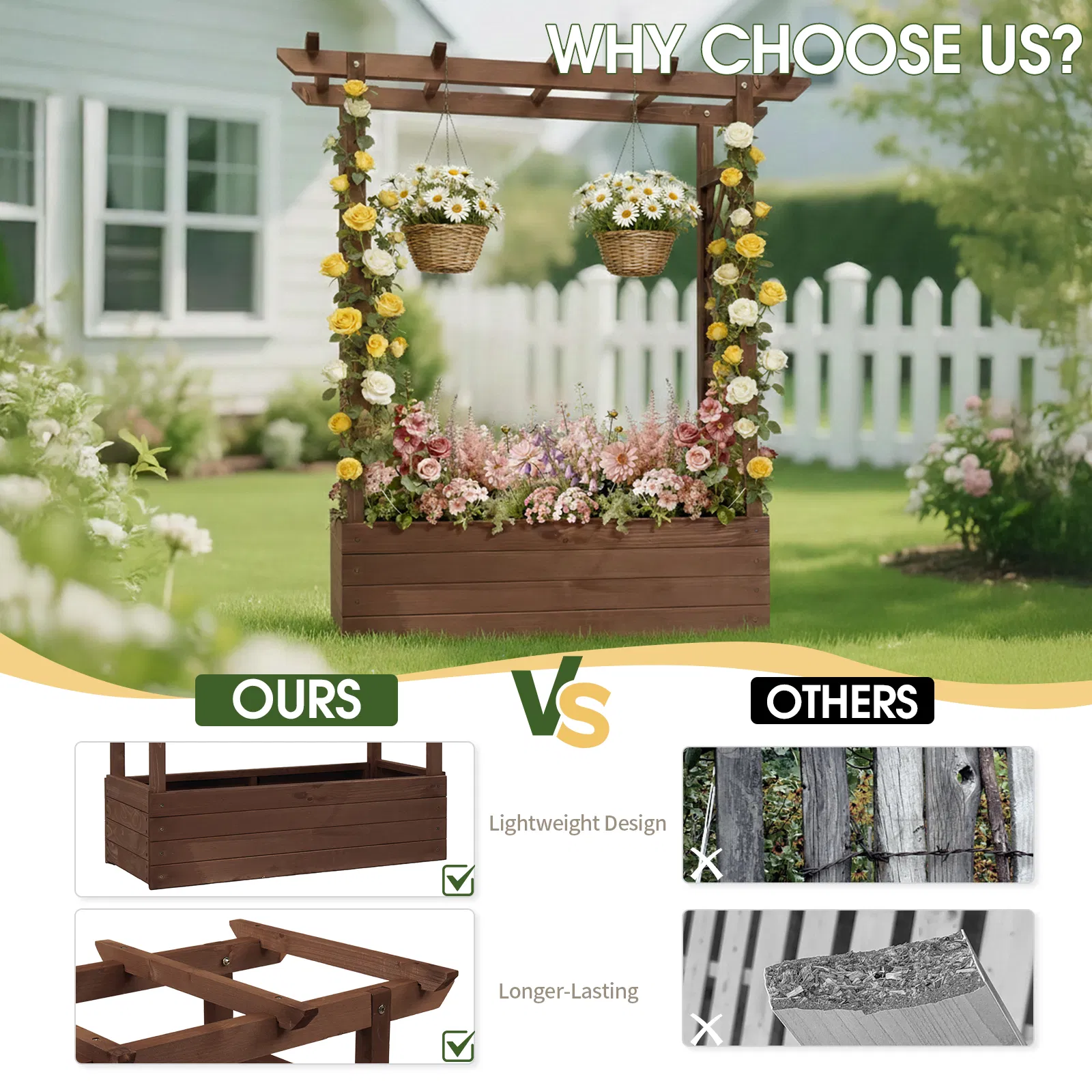 43.5*17.5*44.5 In Fir With Arched Lattice Raised Garden Bed Wooden Planting Frame Carbonized image 7