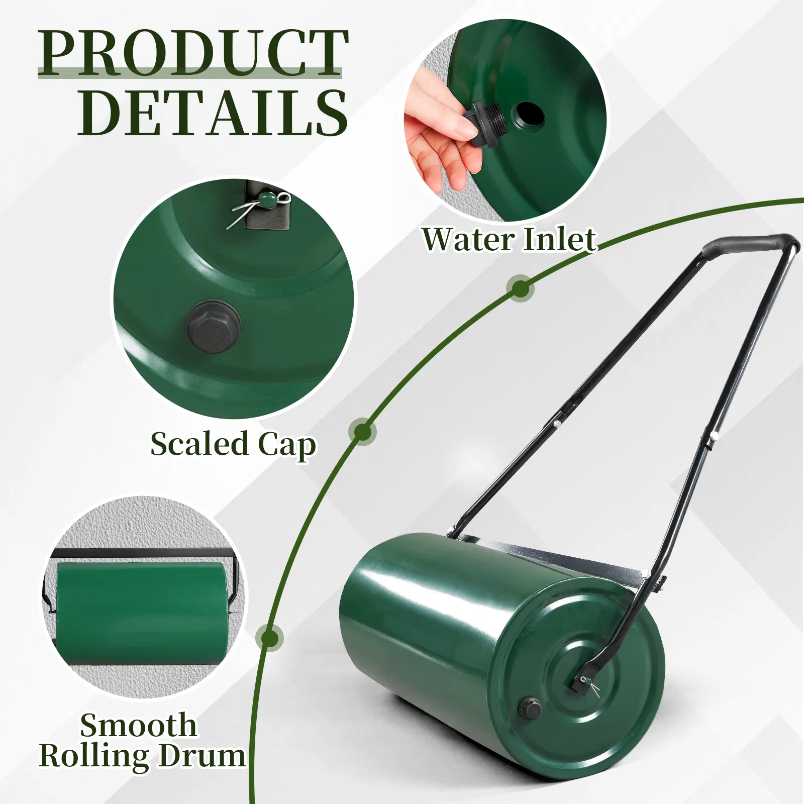24in Heavy Duty Steel Lawn Roller, Garden Roller Can Be Filled with Water or Sand, Hand Roller with U-shaped Handle, Green & Black image 17