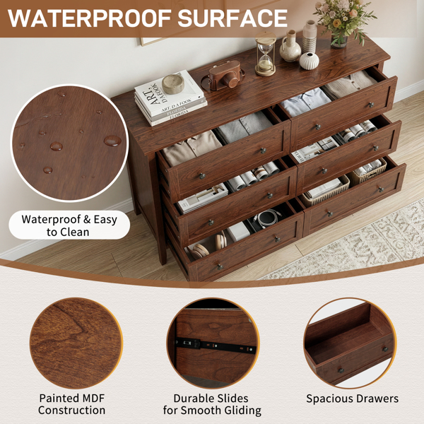 Brown (1061 Solid Cherry Wood) P2 Particleboard + MDF, Melamine finish, 120*40*80cm, Framed construction, Double row of six drawers with double handles, Drawer cabinet-14