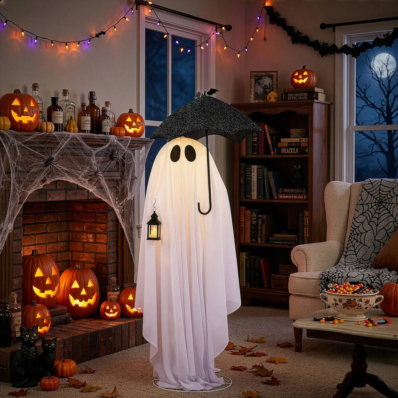 5ft Black & White Umbrella Ghost Halloween Decoration with 100 Warm White LED Wire Lights, 30V 3.6W… image 11