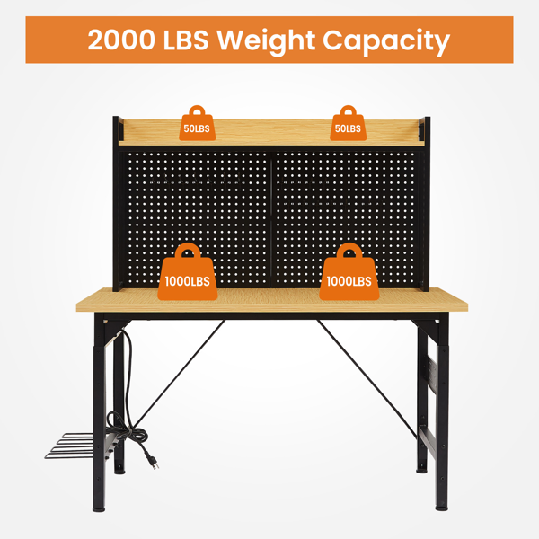 48''Adjustable Workbench with pegboard, Heavy Duty Wooden Desktop Workbench with Wheels, 1600 lb. Load Capacity, Rolling Workbench with AC/USB Outlet, Hooks, Shelf, for Garage, Workshop, Office, Home.-28
