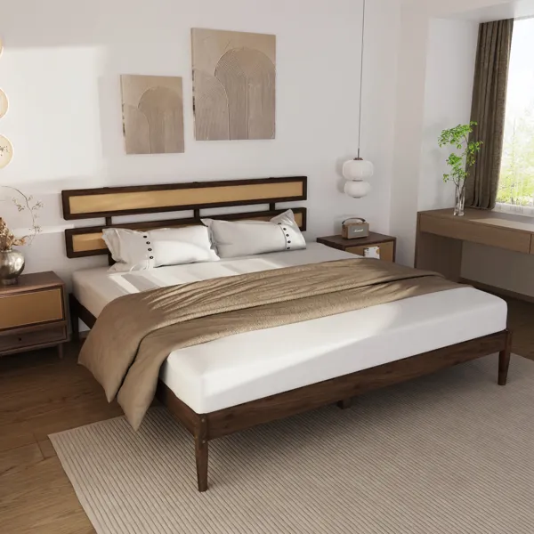 Dark walnut wood painted finish + rattan and pine wood double headboard King size bed, Bohemian style image 6