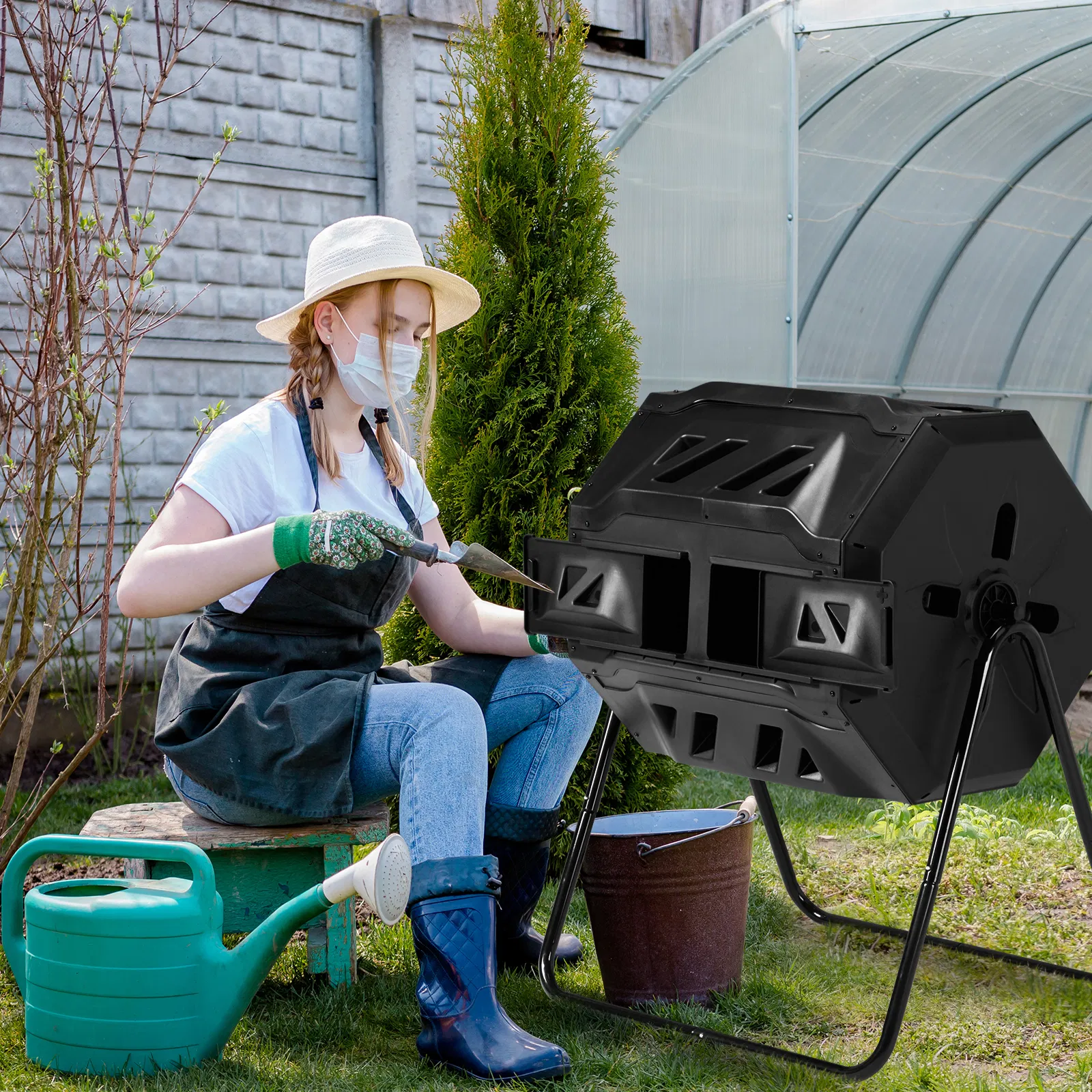 Outdoor Compost Tumbler Dual Chamber, Outdoor Tumbling Composter Dual Rotating Batch Compost Bin, 42… image 11