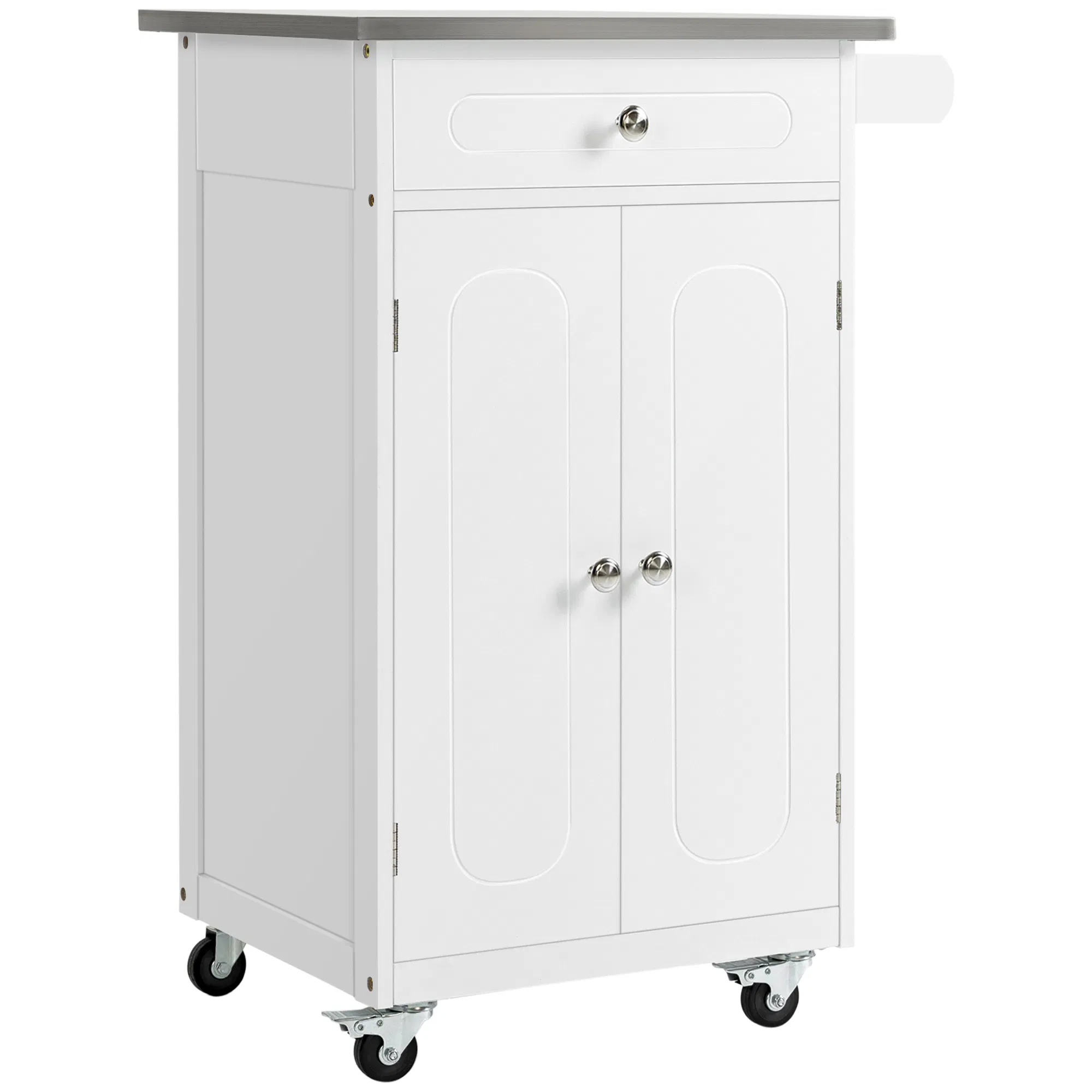 Kitchen Cart, Small Kitchen Island, Stainless Steel Top Utility Trolley on Wheels with Storage Drawer for Dining Room, Kitchen (White)