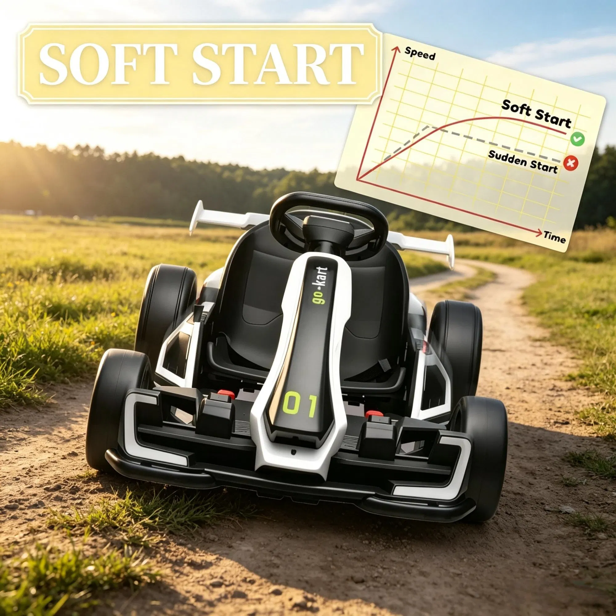 White 24V Electric Drift Go Kart, 7.5 MPH Max Speed, Adjustable Seat for Growing Kids, Slow Start for Smooth & Safe Rides