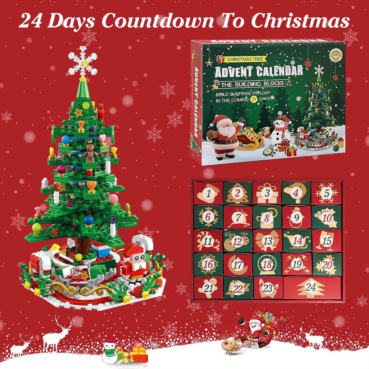 Christmas Tree Building Set - 701 Plastic Pieces, 24-Day Countdown Calendar, 30 USB LED Warm Lights - Santa, Ornaments, Snowflake Topper - Educational Toy for Kids 3-6, Festive Tabletop Decor 2