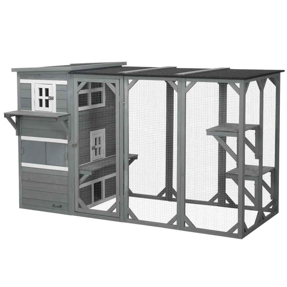 Wooden Cat Catio, 76"L Walk in Outdoor Cat House with Asphalt Roof, Platforms, Lockable Doors, 3-tier Resting Condo, Observation Window, for 2-3 Cats, Light Grey