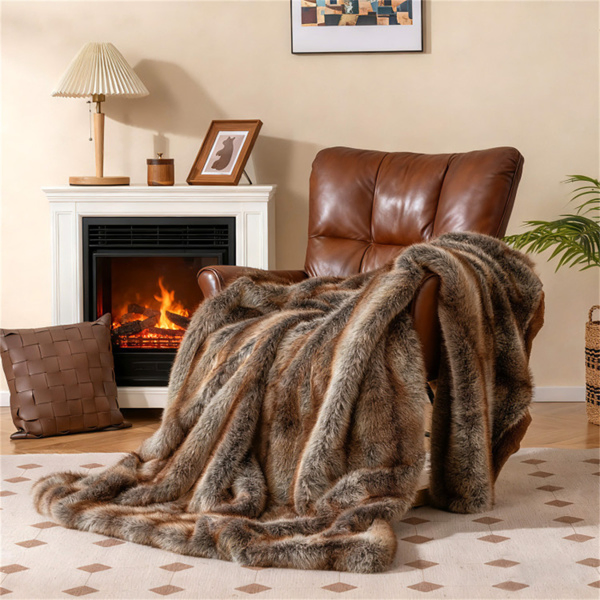 Brown Taupe 780GSM Faux Fox Fur Throw Blanket 60