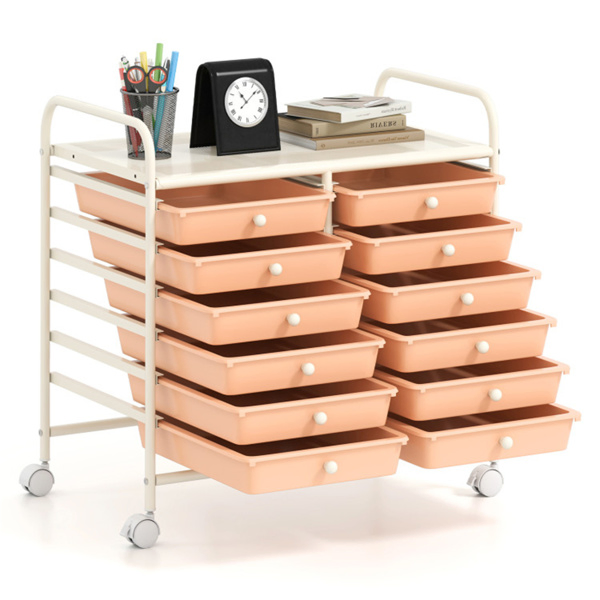 12-Drawer Rolling Storage Cart - 2-Row 10-Storey, Multicolor Drawers, 4 Wheels (2 Brake), White Frame-Peach-10