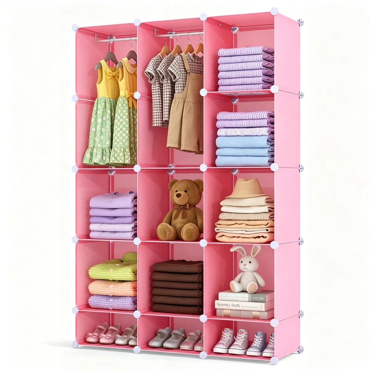 3-Cube Pink Modular Kids Closet, PP & Metal Storage Organizer with Hanging Rods, Tool-Free Assembly Baby Wardrobe for Clothes Toys Books