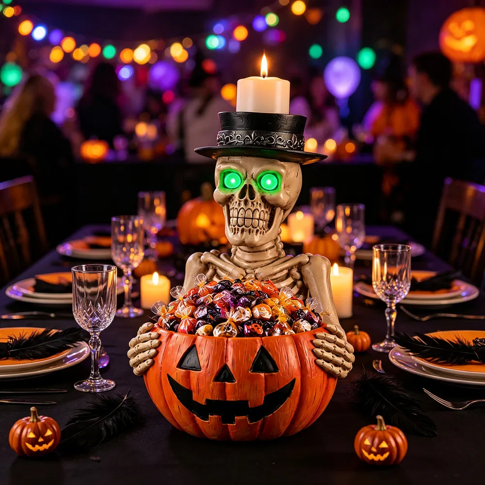 Halloween Resin Skeleton Figurine Candy Dish, Glowing Green Eye Design, Decorative Treat Bowl and Flameless Candle Displ