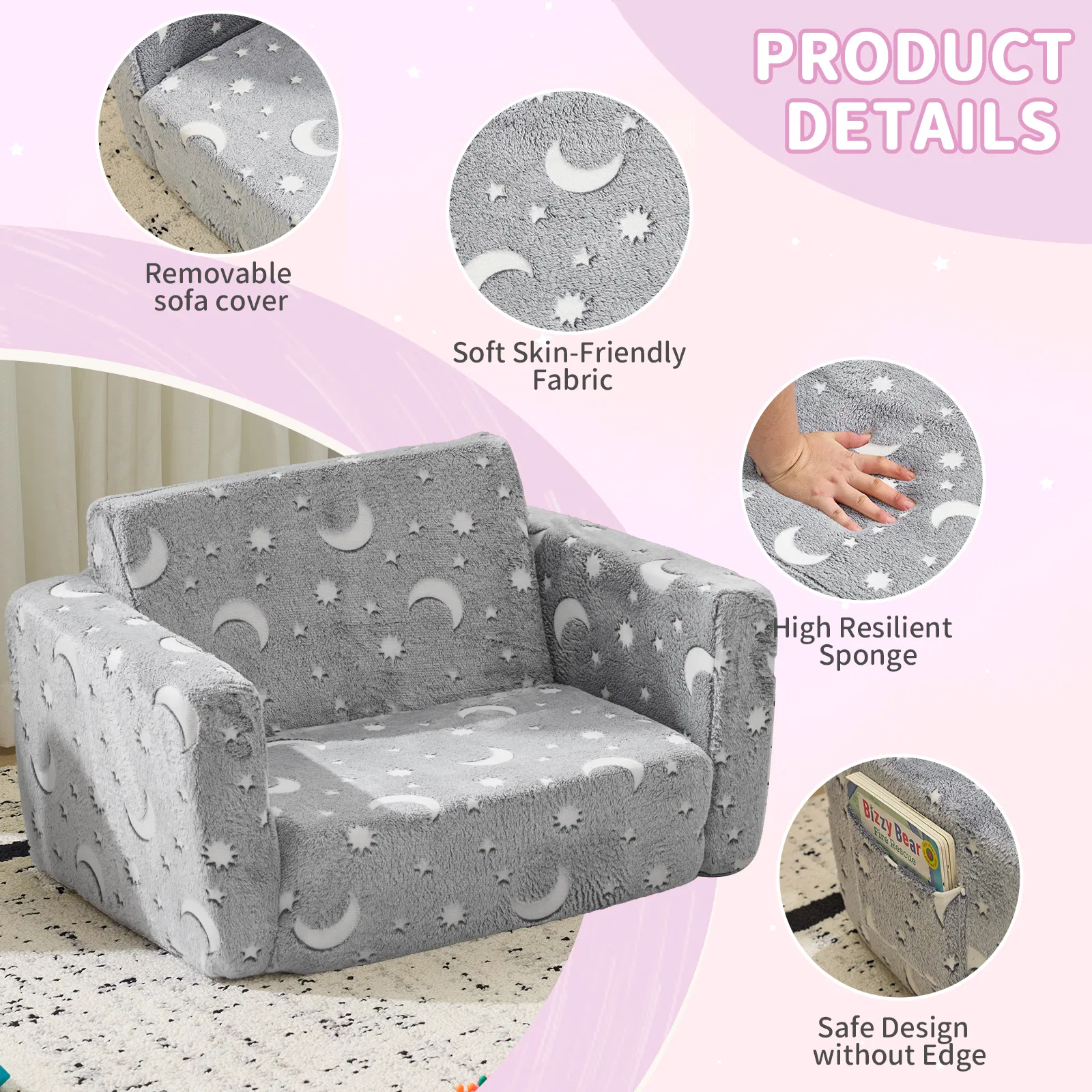 Glow-in-the-Dark Kids Foldable Sofa Bed All-Sponge Single Chaise Lounge Light Grey Star & Moon Flannel image 6