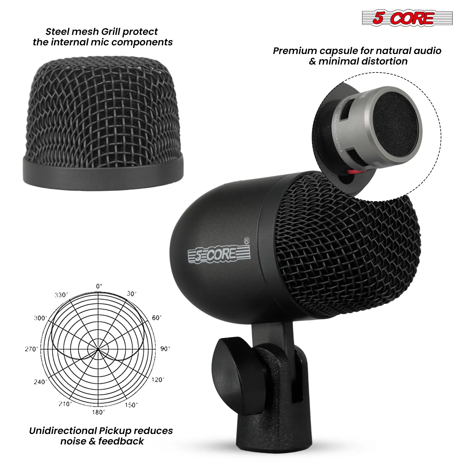 5 Core Drum Microphone Kit 9Pc All Metal Drummer Mics Tom/Snare & Cymbals Wired Instrument Drums Set image 7