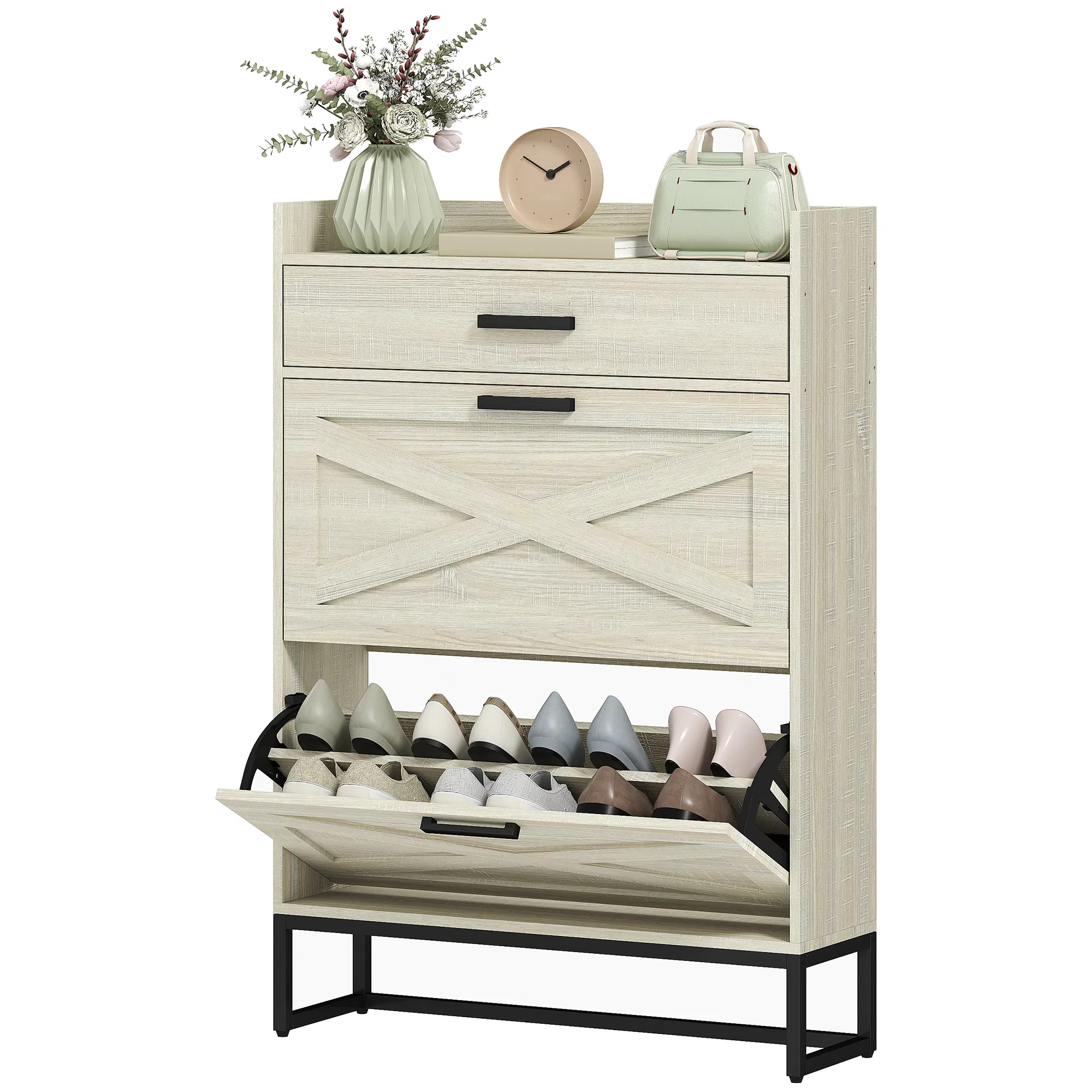 Slim Shoe Storage with 2 Flip Drawers and Adjustable Shelves Shoe Cabinet Organizer for 12 Pair, Distressed White