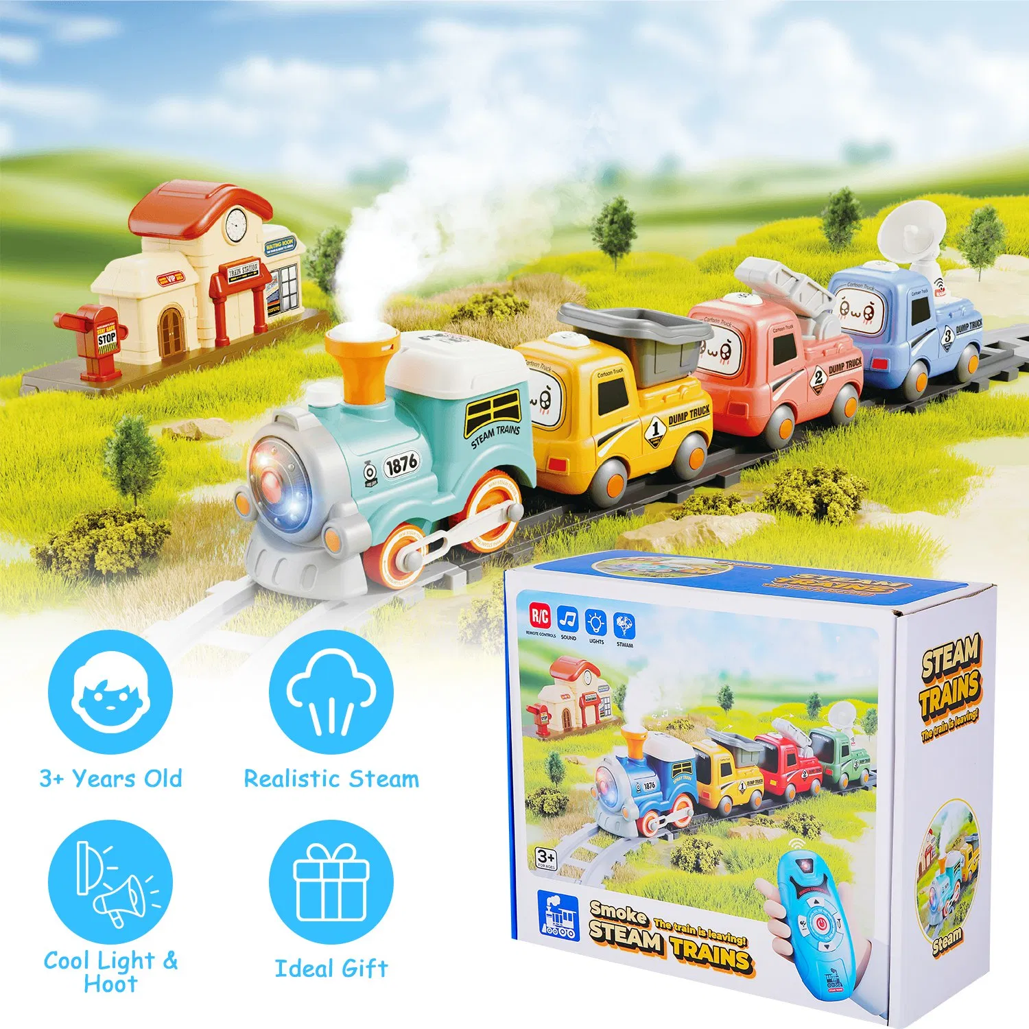 Kids Electric Train Set with Remote - Immersive Play with Authentic Train Sounds, Smoke Effects & Colorful Lights, Magnetic Connection Locomotive + 3 Trucks, Easy Assembly Tracks &