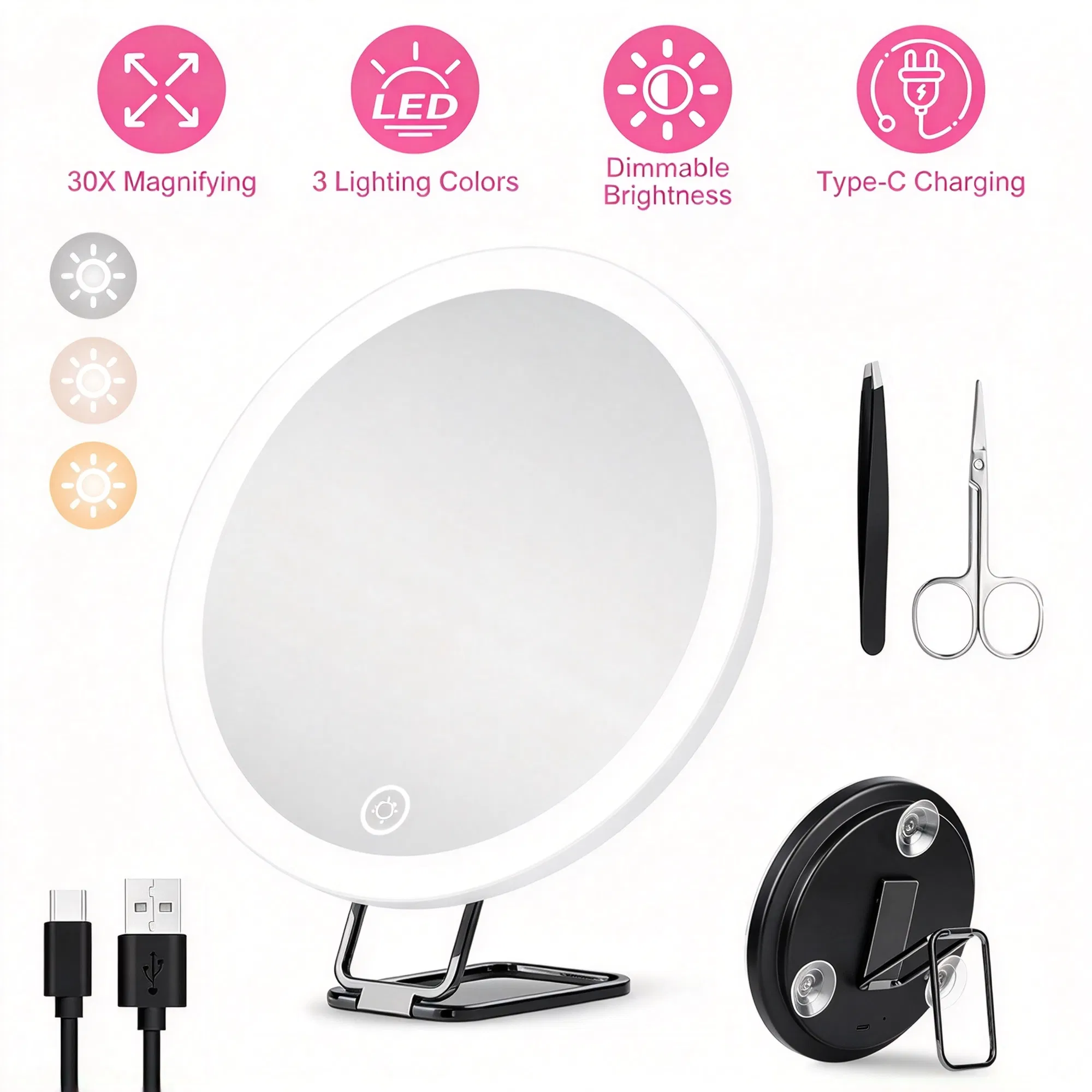 Rechargeable 30X Magnifying Makeup Mirror with 60 LED Beads, 3 Lighting Colors & Dimmable Brightness…
