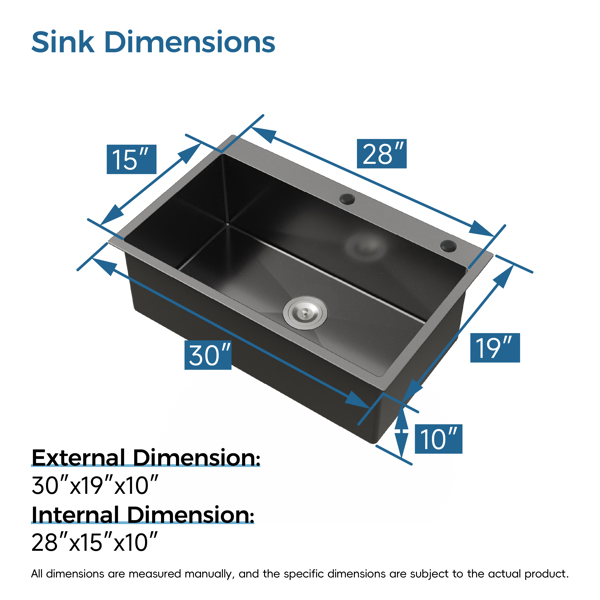 Kitchen Sink, 30″x19″ Single Bowl, Overmount Handmade Sink in Black, with US Standard Drain and Hook[Unable to ship on weekends,usps/fedex]-19