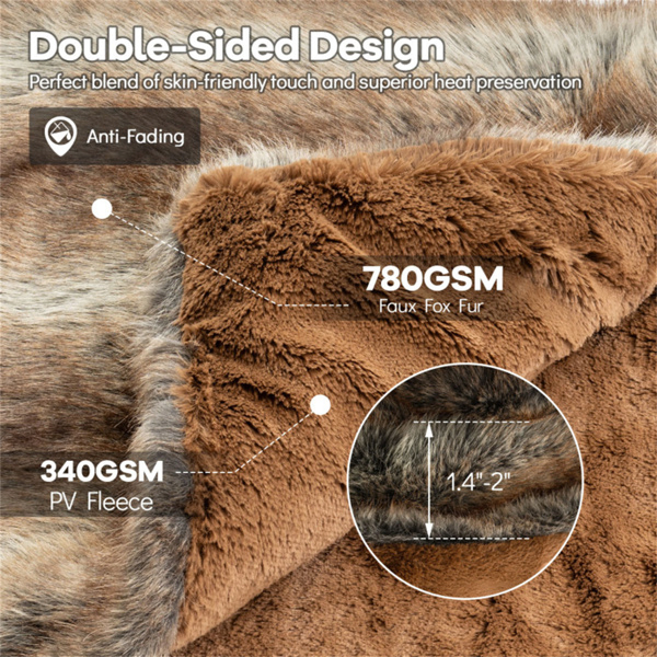 Brown Taupe 780GSM Faux Fox Fur Throw Blanket 60
