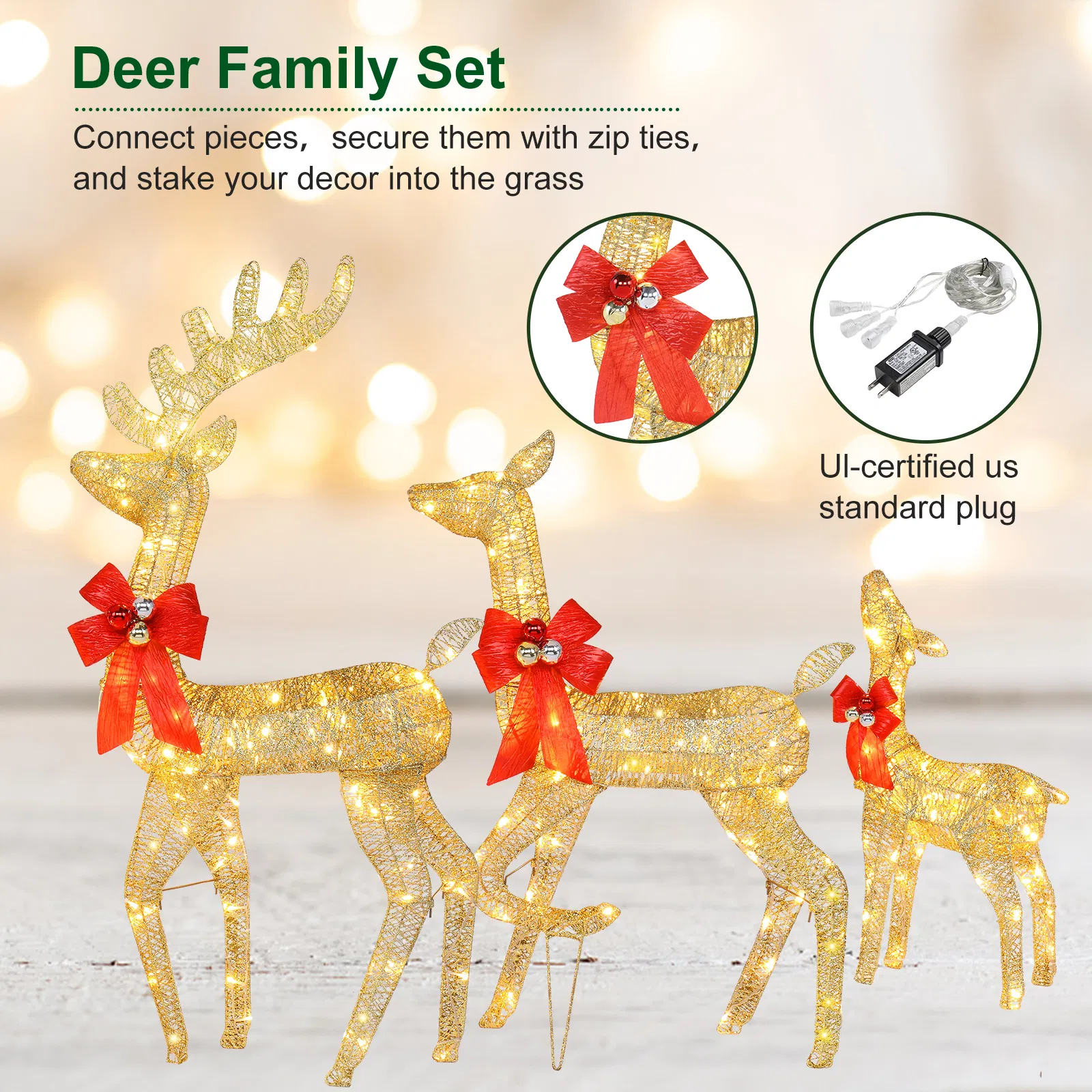 3pcs 54*20*122cm 30.00V 3.60W Family Elk Golden Iron Frame Cotton Thread Green Onion Powder Courtyard Elk Decoration image 20