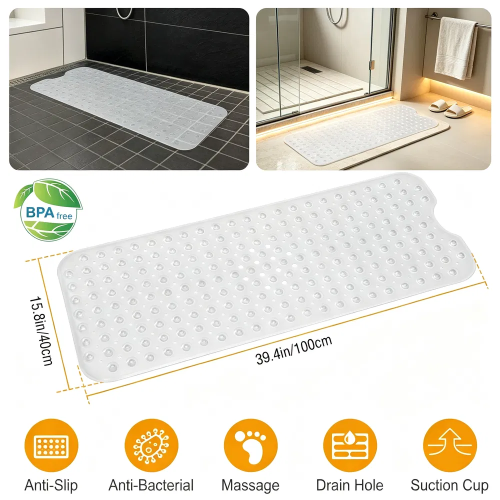 Bathroom Tub Shower Mat, PVC Non-Slip Bathmat with Suction Cups and Drain Holes, Raised Pebble Surface…