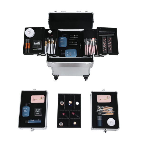 4-in-1 Draw-bar Style Interchangeable Aluminum Rolling Makeup Case Silver-34