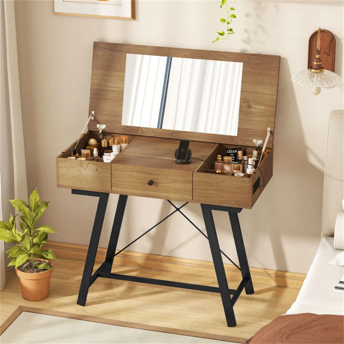 Flip-Top Mirror Vanity Desk 38", 2 AC Outlets USB Type-C Charging Station Makeup Table Computer Desk