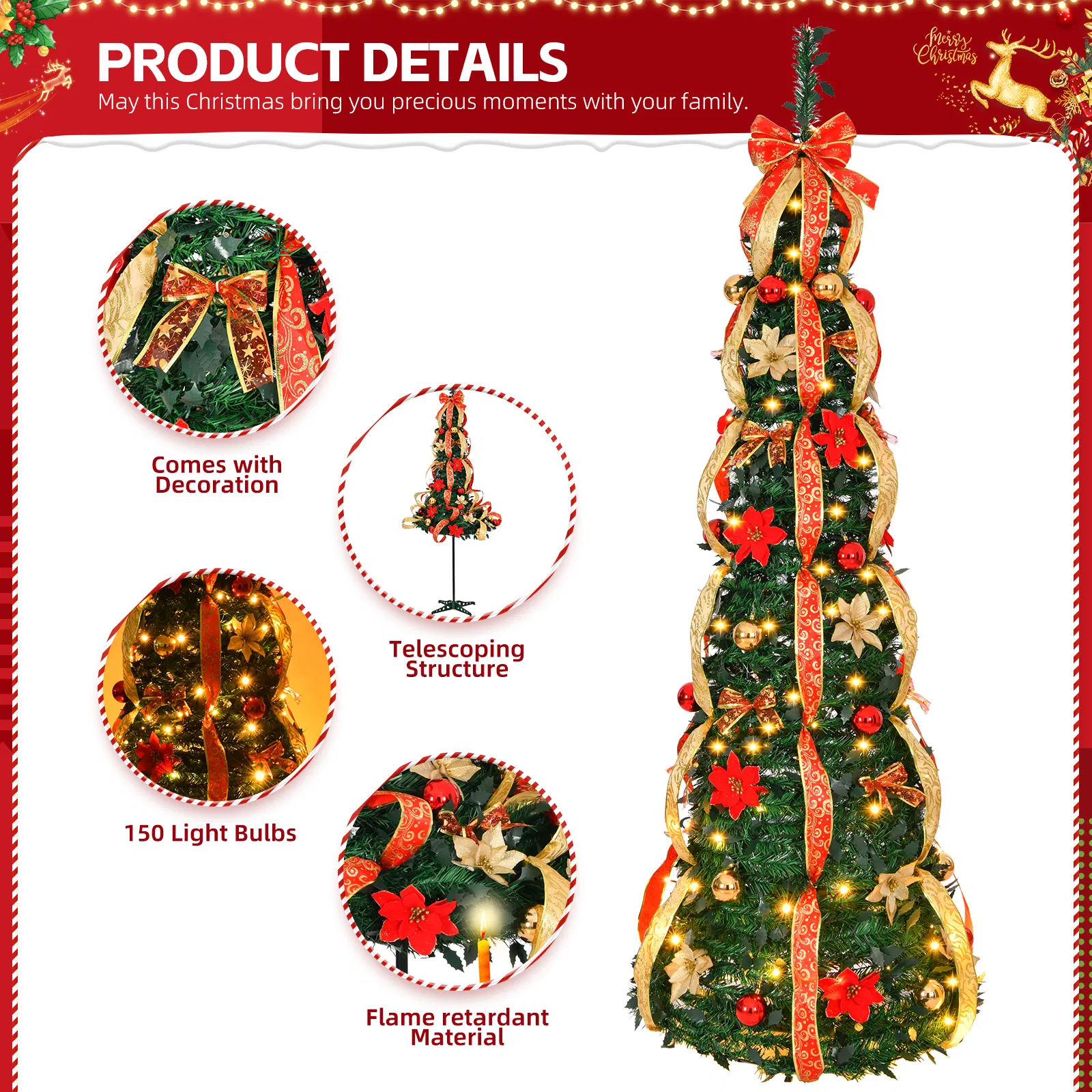 6 FT Fully Decorated Pre-lit Christmas Tree, Pop Up Artificial Xmas Tree with 150 Warm Lights Battery Operated and Red & Golden Ornaments for Home Office Store Holiday Deco image 6