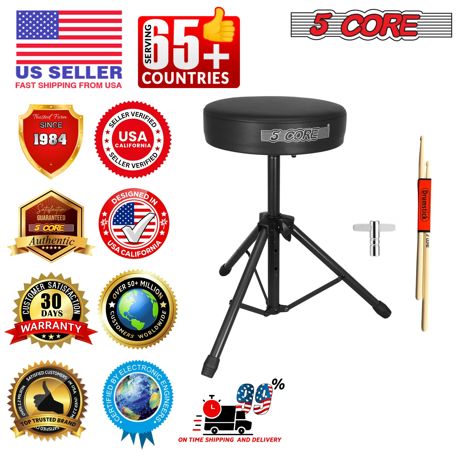 5 Core Drum Throne 3" Thick Padded Memory Foam Comfortable Drummer Stool 330Lb Capacity Adjustable image 14