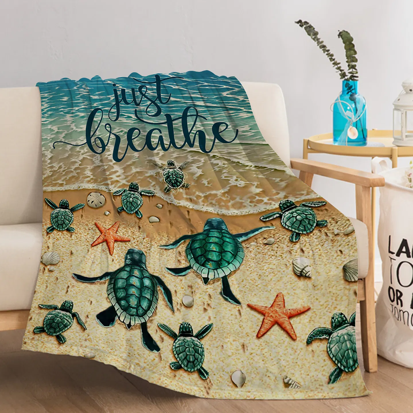 Tropical Baby Sea Turtle Flannel Fleece Blanket 3D Ocean Waves Flannel Soft Plush Throw Blanket Cozy Blankets for Bed Chair Car Sofa Couch Bedroom 150*200cm (temu can only be self-