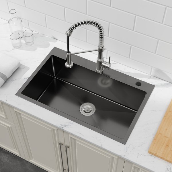 Kitchen Sink, 30″x19″ Single Bowl, Overmount Handmade Sink in Black, with US Standard Drain and Hook[Unable to ship on weekends,usps/fedex]-15