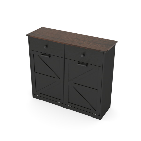 Farmhouse Black Double Tilt Out Trash Cabinet for 20 Gallon Trash Cans, Free Standing Recycling Cabinet with Hideaway Drawer, Barn Door Style Laundry Sorter Cabinet, Tilt Out Trash Cabinet for Kitchen-25