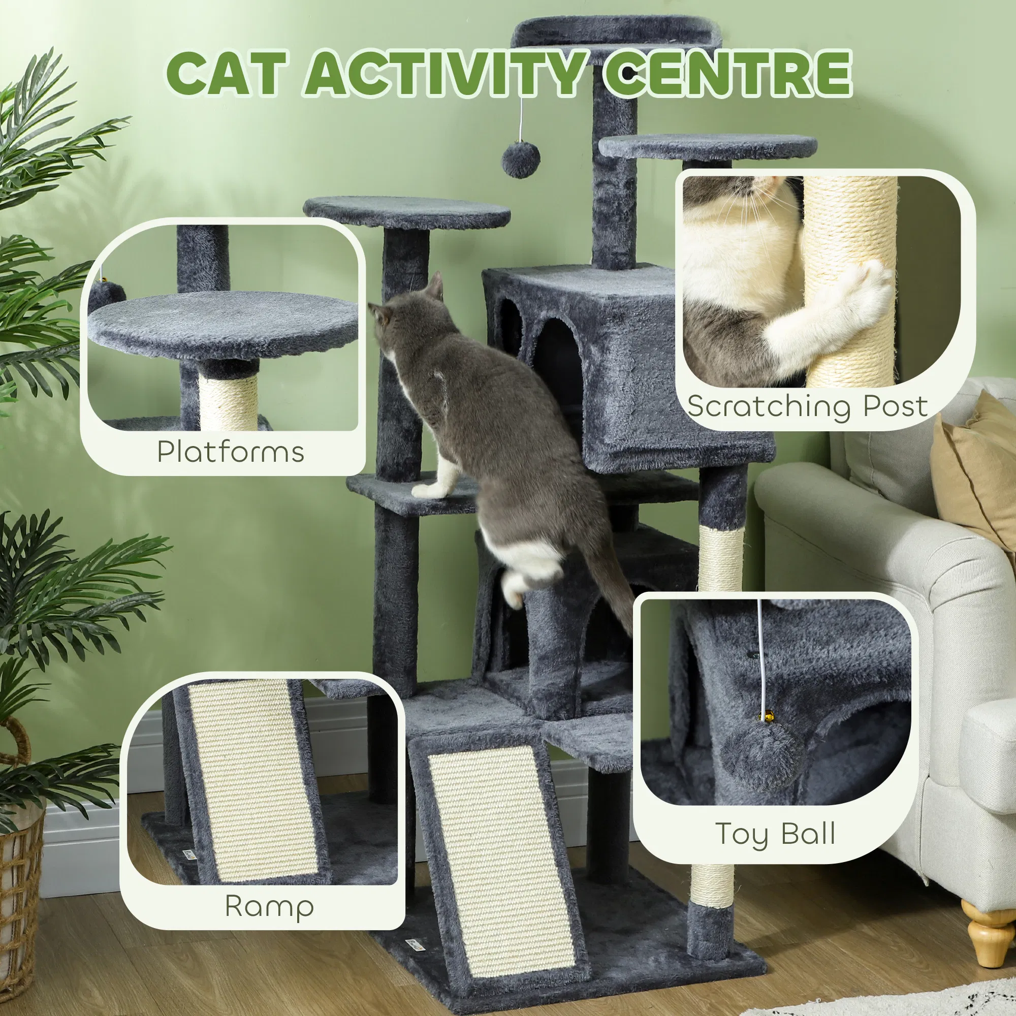54" Cat Tree, Multi-Level Cat Tower with Scratching Posts, Cat Condos, Bed, Platforms, Ramp, Toy Ball, Dark Grey — image 1