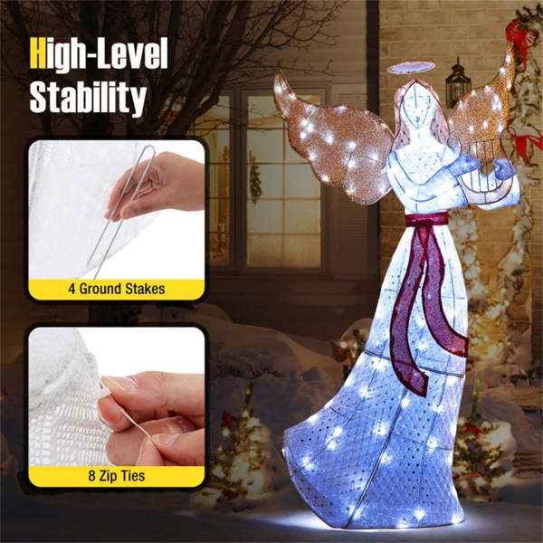 5ft Pre-Lit Christmas Angel Decor - 120 Cold White LEDs, IP44 Waterproof, Metal+Mesh Fabric-17