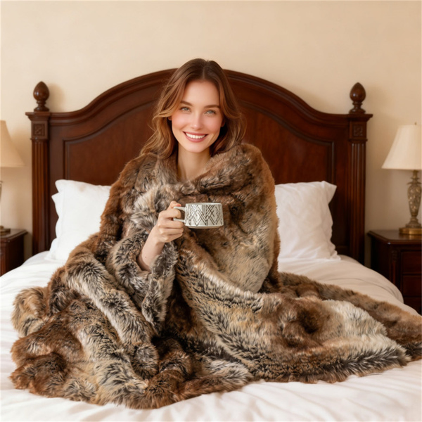 Coffee 760GSM Faux Raccoon Fur Throw Blanket 60
