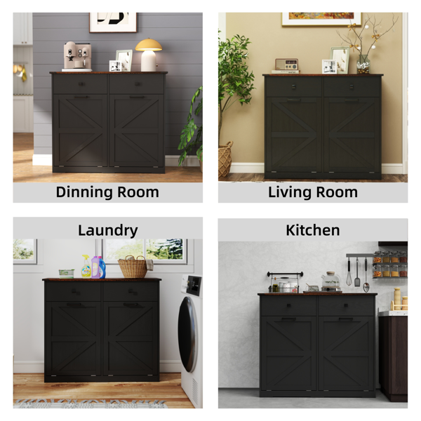 Farmhouse Black Double Tilt Out Trash Cabinet for 20 Gallon Trash Cans, Free Standing Recycling Cabinet with Hideaway Drawer, Barn Door Style Laundry Sorter Cabinet, Tilt Out Trash Cabinet for Kitchen-31