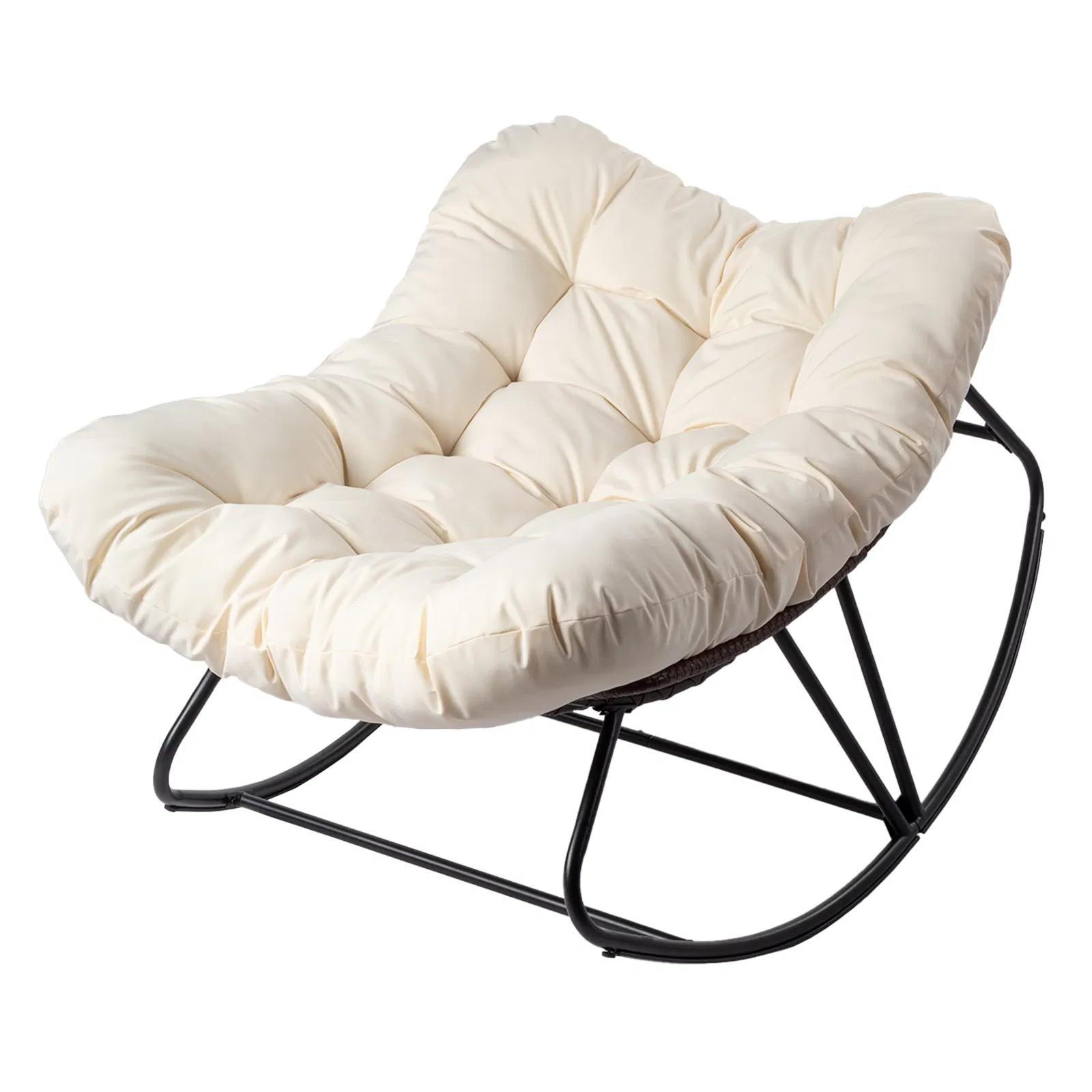 Oversized Rattan Papasan Chair, Outdoor Steel Wicker Rocking Seating with Thick Padded Cushion for Patio, Living Room, Backyard, Porch(Brown Wicker & Beige Cushion) image 4