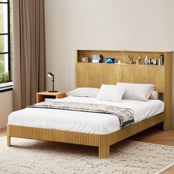 Full Extra Long(Full XL) Size bed frame with storage headboard, built-in charging station, wavy curved lines design, silent operation, metal support, Natural-12