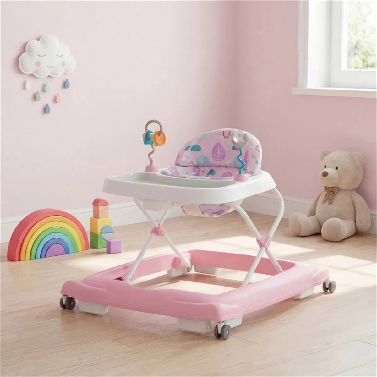 Pink Foldable Baby Walker with Detachable Tray & Shape Sorter Toys, 3-Level Height Adjustable for 6-12 Months