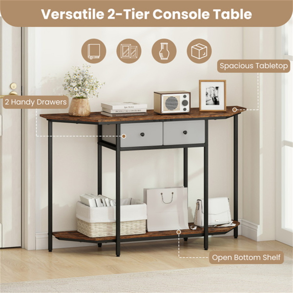  2-Tier Industrial Console Table - Polygonal Tabletop & Open Shelf, 2 Folding Fabric Drawers for Entryway/Hallway/Couch Behind-16