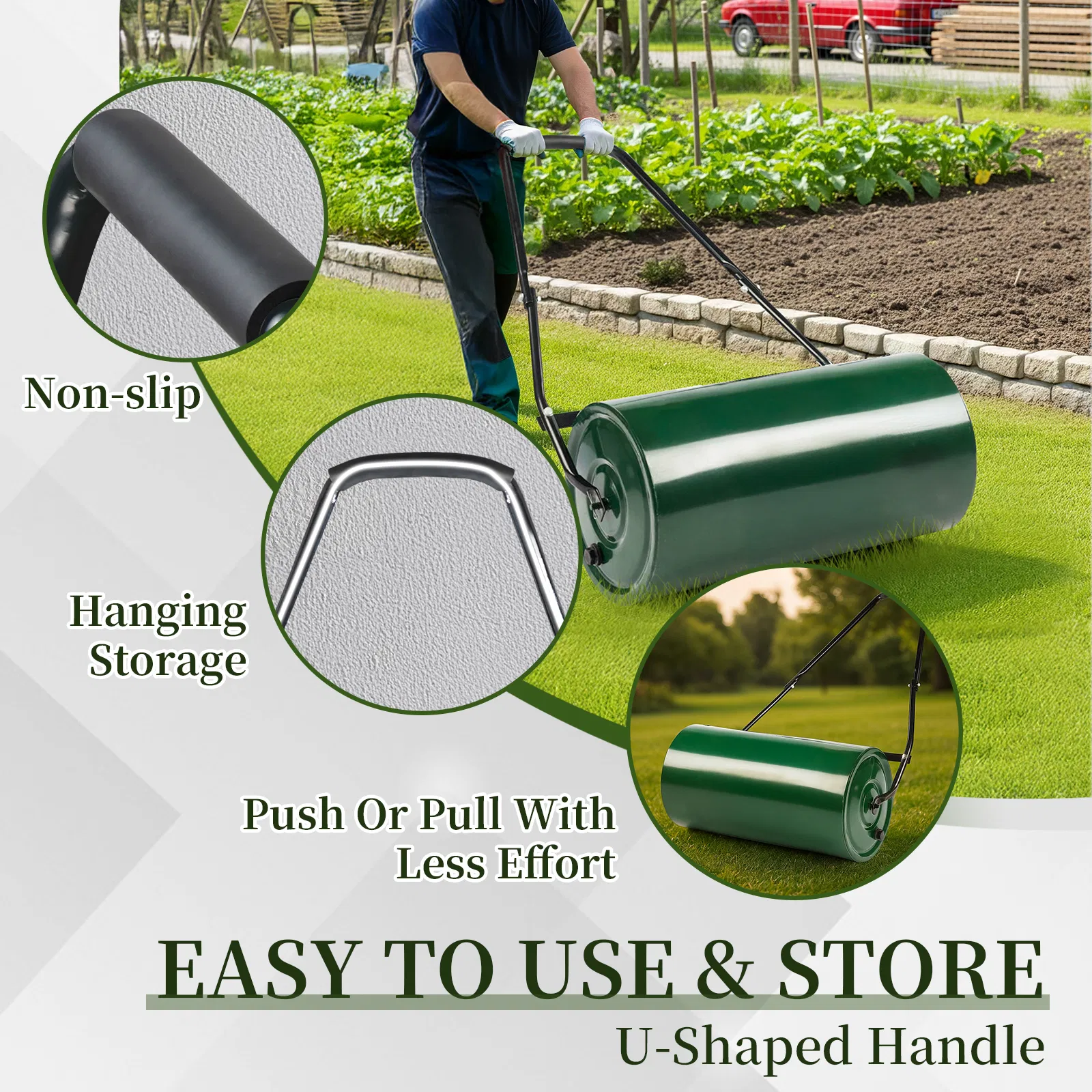 24in Heavy Duty Steel Lawn Roller, Garden Roller Can Be Filled with Water or Sand, Hand Roller with U-shaped Handle, Green & Black image 15