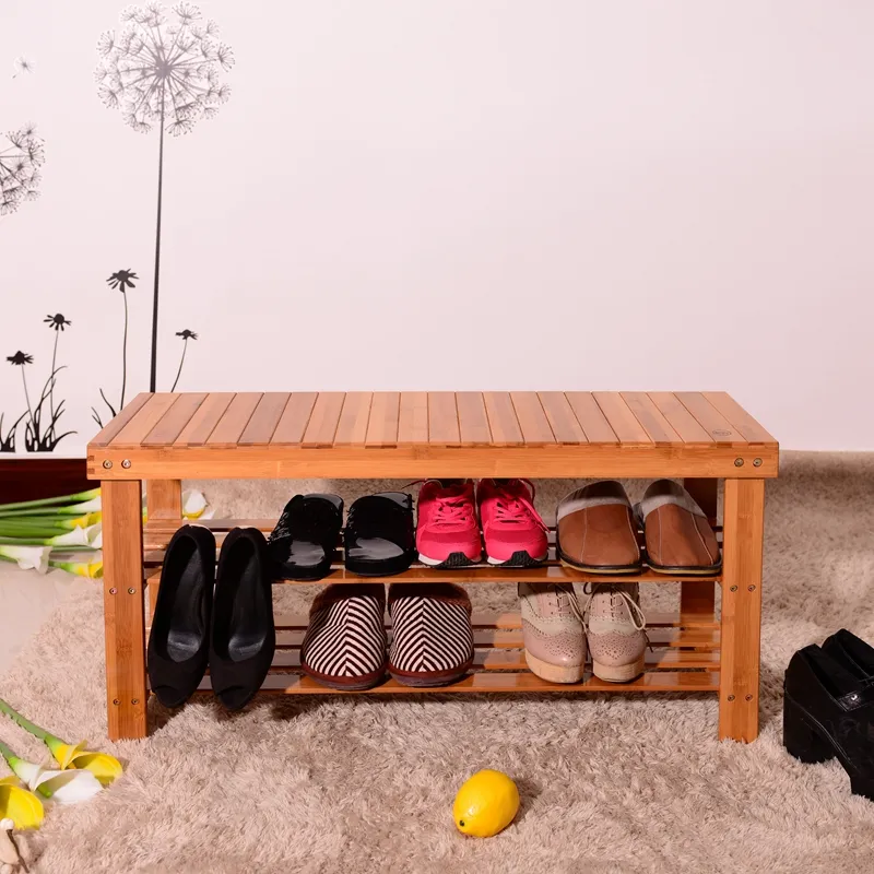 90cm Strip Pattern 3 Tiers Bamboo Stool Shoe Rack Coffee image 6