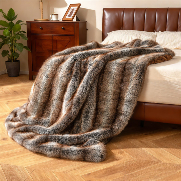Brown Taupe 780GSM Faux Fox Fur Throw Blanket 60